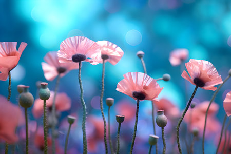 Pink poppies in the field spring flower with blurred background, ai generateの素材