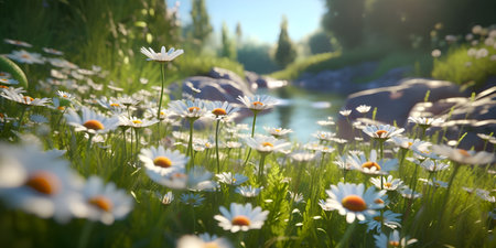 Field of daisies and sky, ai generateの素材