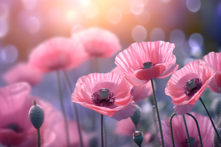 Pink poppies in the field spring flower with blurred background, ai generateの素材