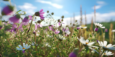 Lowers chamomile purple wild peas flowers in the field, ai generateの素材