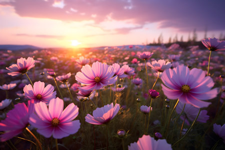 Cosmos pink flowers in the field in the morning, ai generateの素材