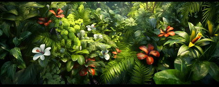 Top view tropical flowers trees plants background, ai generateの素材