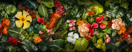 Colorful flowers in the garden, Top view tropical flowers plants background, ai generateの素材