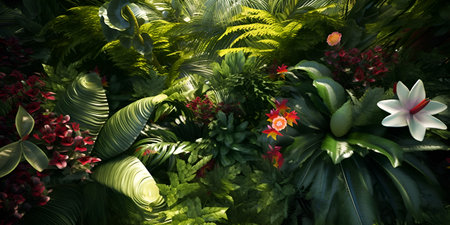 Top view tropical flowers trees plants background, ai generateの素材