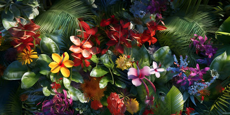 Colorful flowers in the garden, Top view tropical flowers plants background, ai generateの素材