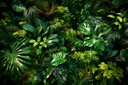 Top view tropical flowers trees plants background, ai generateの素材