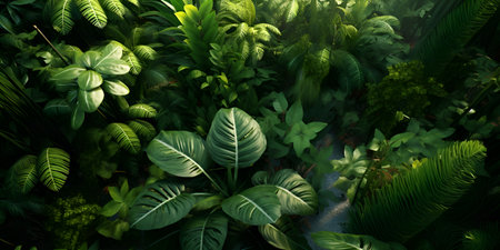 Top view tropical flowers trees plants background, ai generateの素材