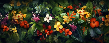 Top view tropical flowers plants background, ai generateの素材