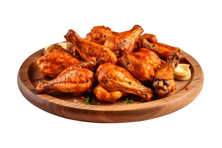 Roasted chicken wings on wooden plate, isolated on white background, ai generateの素材