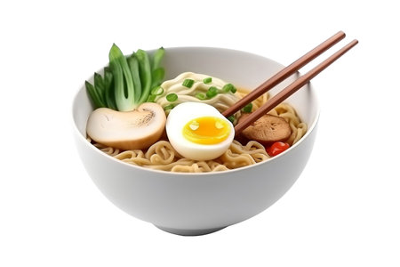 Asian noodle soup, Ramyeon ramen with chicken, vegetables and egg in white bowl, isolated on white background, ai generateの素材