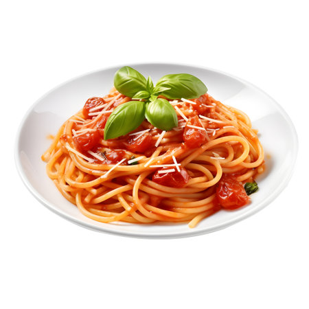 Spaghetti with tomato sauce and basil in a plate, isolated on white  background, ai generateの素材