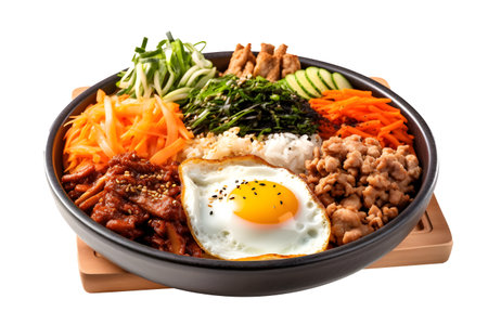 Bibimbap rice and vegetables Korean food in bowl, isolated on white background, ai generateの素材