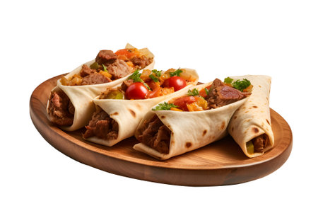 Burritos Wrapped with Beef and Vegetables on wooden plate, isolated on white transparent background, ai generateの素材