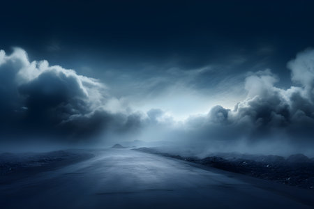 empty space road with storm clouds lightning in the sky, mock up place. Landing page concept, AI generate, AI generateの素材