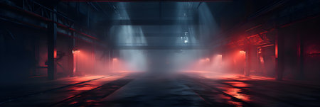 empty industrial warehouse with neon lights shining from above, in the style of smokey background, highly staged scenes, red and azure, AI generateの素材