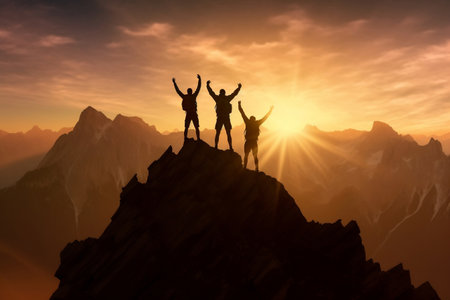 Silhouette of the team on top of mountain. Leadership Concept, sunset in the mountains, AI generateの素材