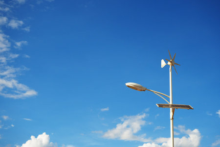 a combined  solar and wind power street lamp in rural area of  Myanmar