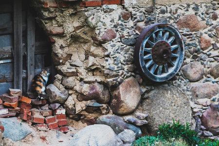 An old wagon wheel at the old house