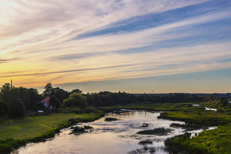 Latvia beautiful old city Kuldiga, colorful Sunsetの写真素材