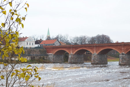 Latvia. For the Venta River across to a beautiful old bridgeの写真素材