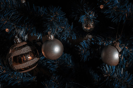 click the blue tree stands and ball ornamentsの写真素材