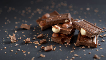 Milk chocolate with hazelnut and crumbs on a black background Closeup stacked slices of chocolate,...