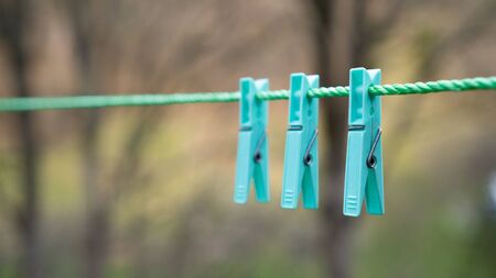 Group of one color clothespins hanging on a rope. Clothespins on Clothes line on green blurred background. Pegsの写真素材