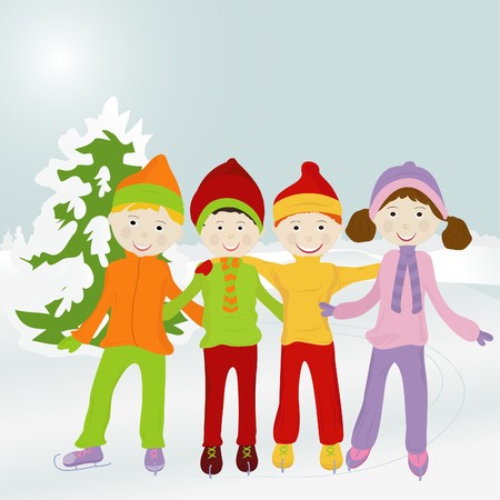 cheerful company of kids standing on a skating rinkのイラスト素材