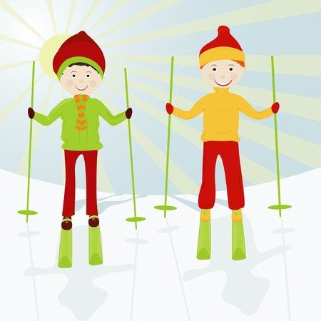 Two boys on skis on a snow mountainのイラスト素材