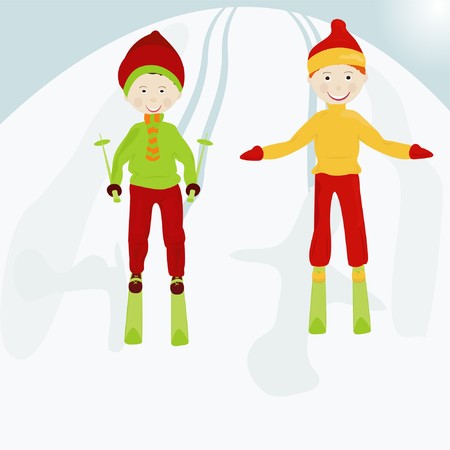 Two boys on skis on a snow mountainのイラスト素材