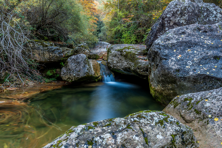 Stream of water within an isolated place. (Vall d'en Bas, Garrotxa Province, Catalonia, Spain)の写真素材