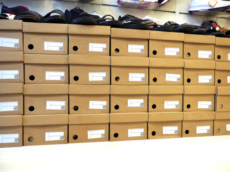 Neat row of shoeboxes and footwear on them stacked in department store