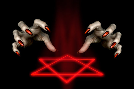 Black magic ritual. Scary witches hands with red long nails and a burning hexagram symbol in the...