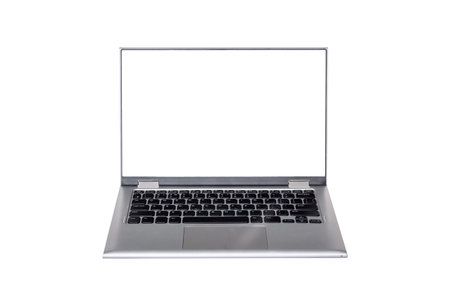 Silver metallic open laptop with empty screen, front view, isolated on white.