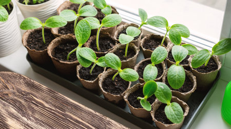 Rows of pumpkin seedlings in peat pots on a windowsill at home, top view, selective focus.