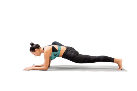 Female yoga. Beautiful mixed race woman practice lizard pose, Utthan Prishthasana, isolated on...