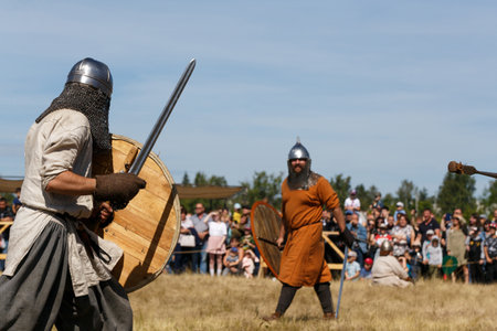 Russia, Troistk - August 21, 2022: Southern Frontier. Fest of historical reconstruction of the Middle Ages, selective focus.のeditorial素材