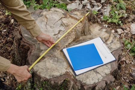 Hands of forester or park ranger who measures a stump of a sawn tree with a tape measure, close up, selective focus.の写真素材