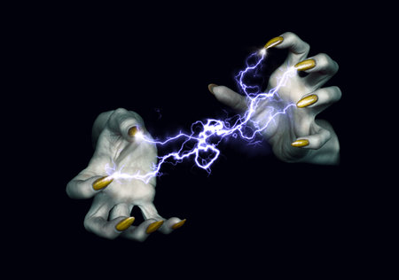 Hands of a black magician with sharp nails and lightning blasts between the fingers in the dark,...