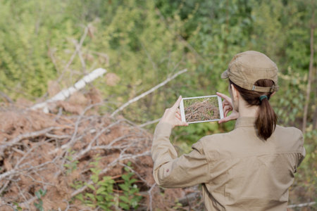 Woman park ranger in uniform take a photo of deadwood using a digital tablet in a national park in...