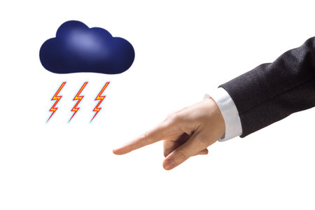 Anger, rage and dominion concept. Human hand in business suit with index finger ahead and icons of...