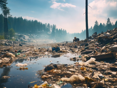 Garbage dump in the middle of a forest and a stream, non-degradable waste.の素材