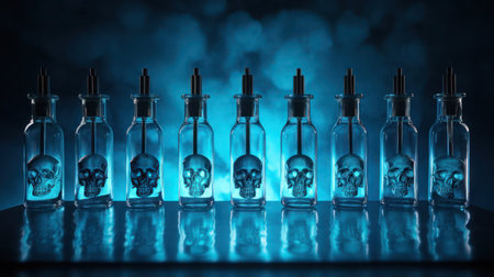 Development of bioweapons concept. A row of ampoules with a symbolic skull, close-up.の素材