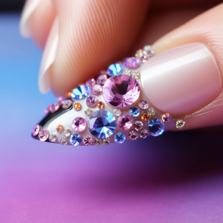 Female nail decorated with colorful shining rhinestones, glamorous creative manicure, macro.の素材