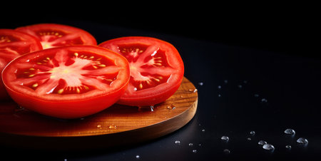 Fresh tomatoes sliced crosswise on wooden cutting board on black background, macro.の素材