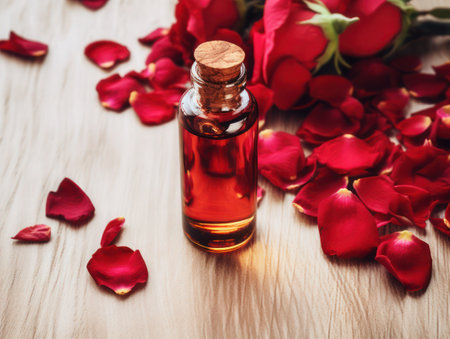 Natural rose essential oil in small glass bottles on wooden background among red roses petals, selective focus.の素材
