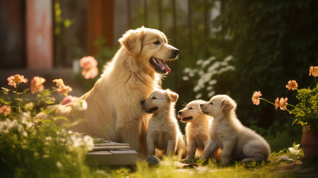 Happy female dog with three puppies in the courtyard of the townhouse in summer, selective focus.の素材