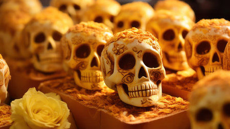 Traditional Mexican sugar skulls for Day of dead celebration, close-up, selective focus.の素材