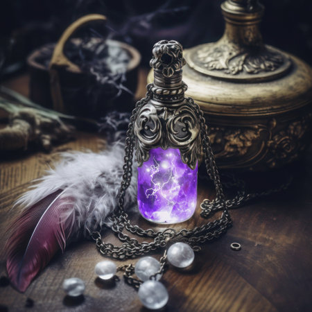 Magic ancient crystal bottle trimmed with silver, birds feather, crystals, exquisite old dishes on a wooden table, cinematic style, low key, selective focus.の素材