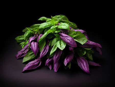 Fresh bicolor basil green and purple leaves on black background, Ocimum basilicum, close up.の素材